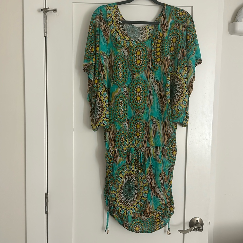 Luli Fama Turquoise & Yellow Printed Caftan Dress
